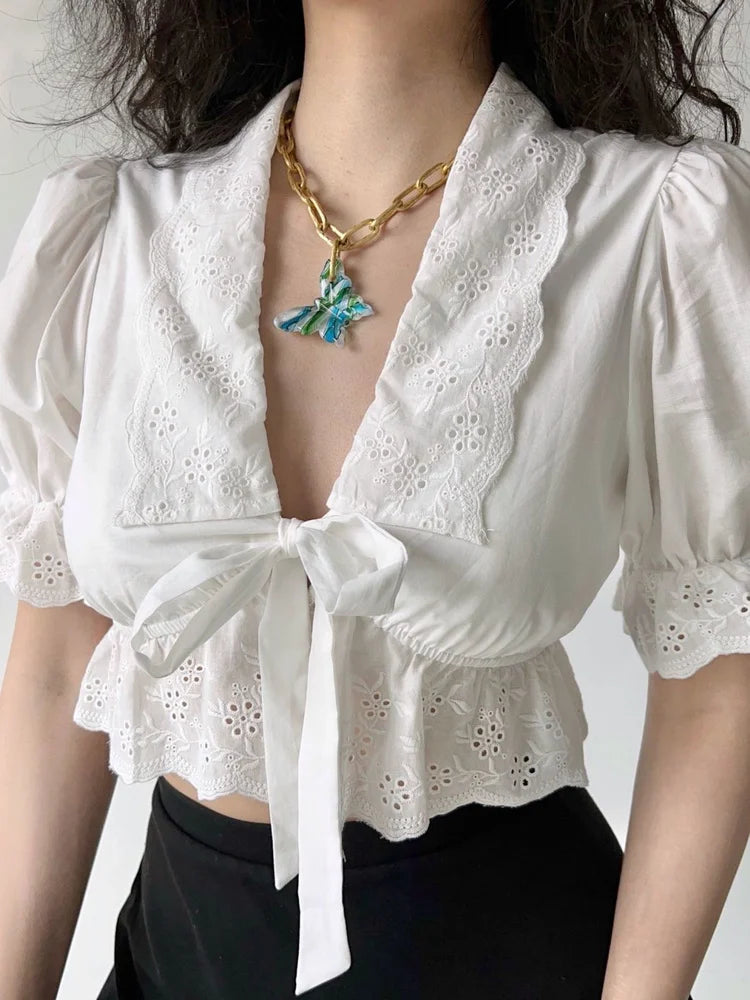 Sweet Flower Embroidery Bow Bandage Shirt