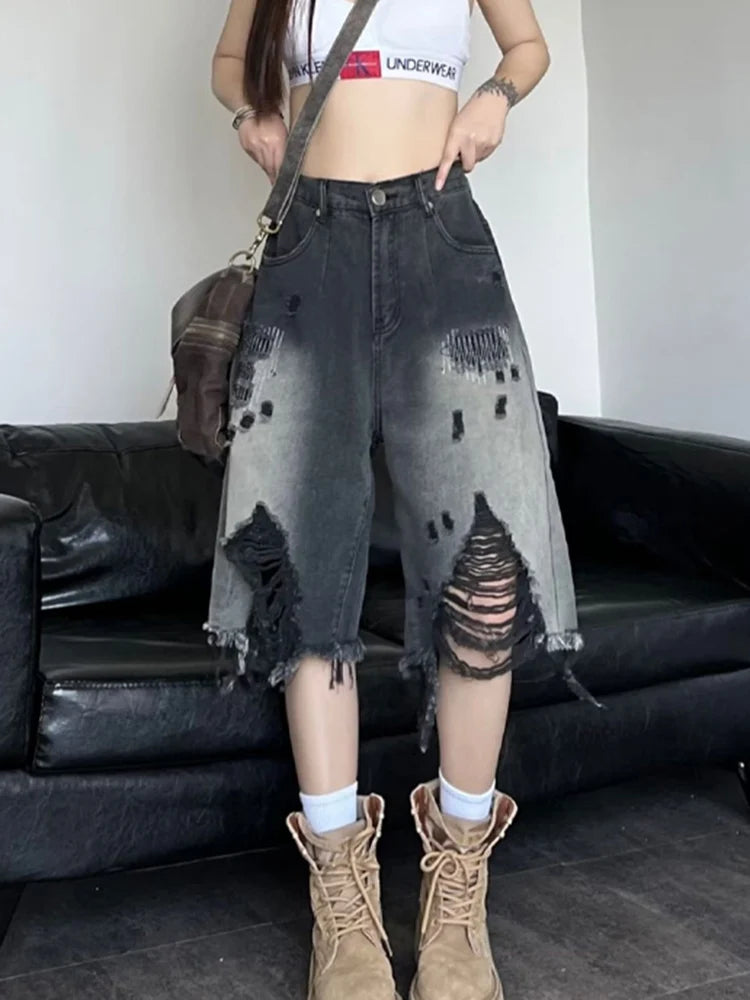 Vintage Ripped Gradient Denim Shorts