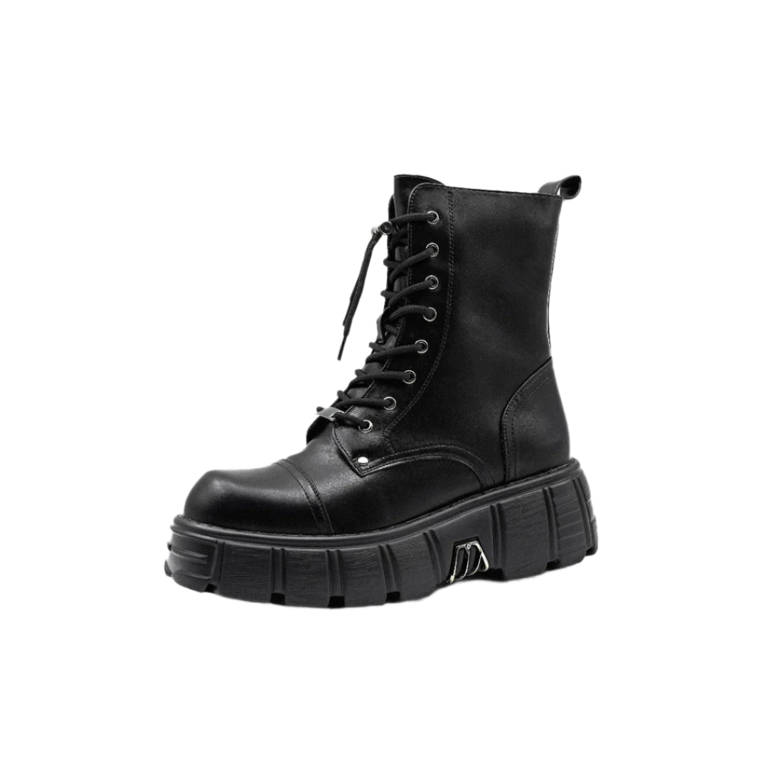 front view of the black Chunky High-Top Lace-Up Boot