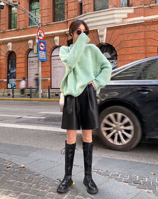 Elastic Waist PU Leather Bermuda Shorts
