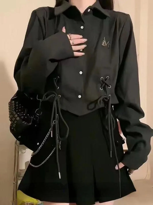 Black Casual Bandage Blouse Shirt