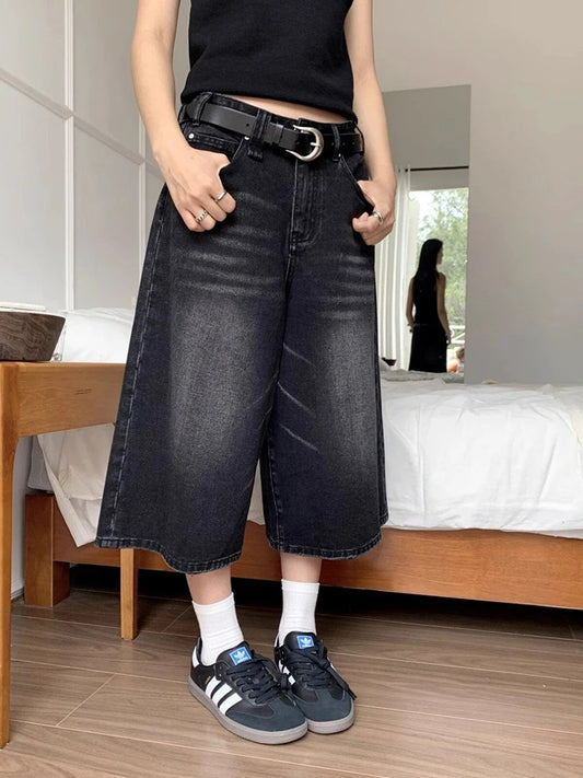 Retro Black Washed Denim Shorts