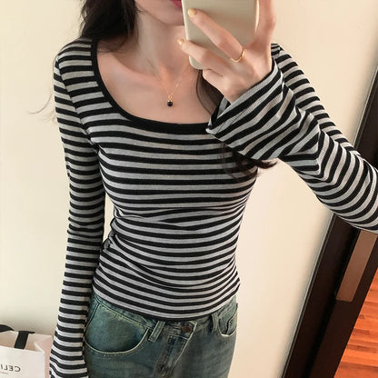 Striped Square Neck Long-sleeved T-shirt