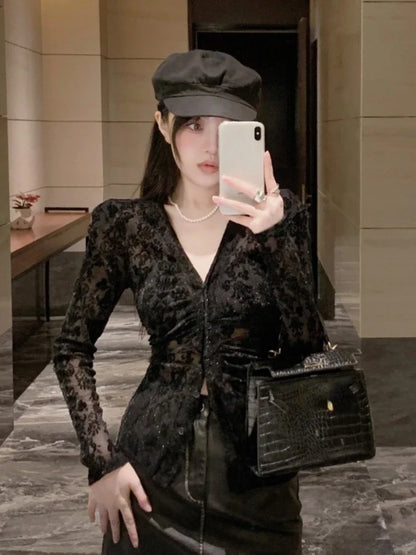 V-Neck Lace Trim Autumn Shirt