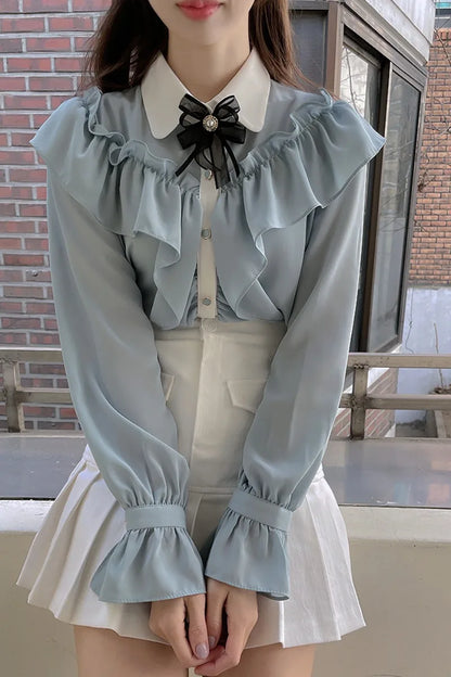 Sweet Bow Ruffle Patchwork Shirt