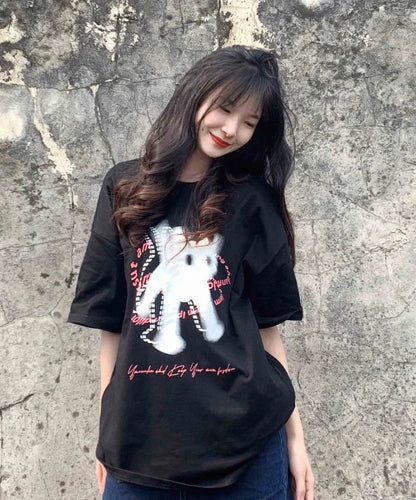 Camisetas holgadas con estampado de gato para mujer, estilo kawaii, estética Y2k, ropa de calle informal que combina con todo, estilo grunge japonés, estilo Harajuku