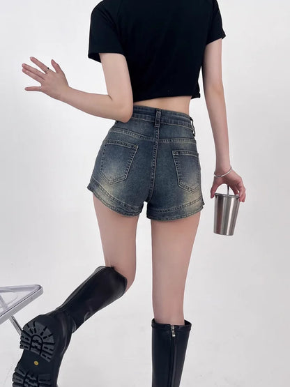 Pantalones cortos vaqueros para mujer, sexys, de cintura alta, estilo americano, retro, a la moda, para verano, ropa de calle informal que combina con todo
