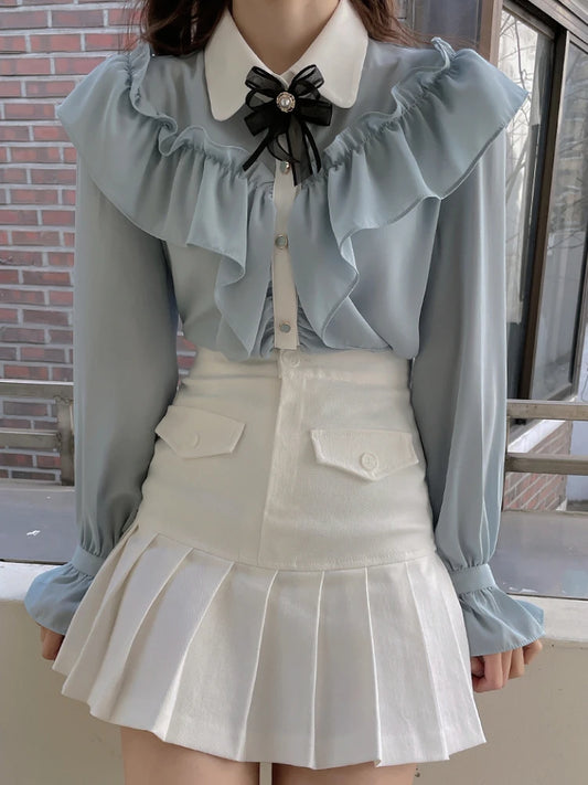 Sweet Bow Ruffle Patchwork Shirt