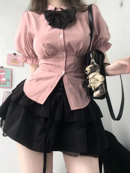 Elegant Slim White Blouses Japanese Shirt