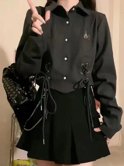 Black Casual Bandage Blouse Shirt