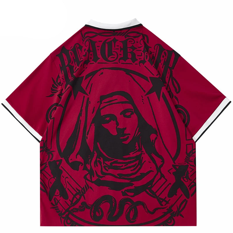 Virgin Mary Retro Graphic Embroidery Polo T-Shirt