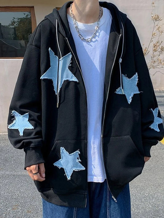 Oversized Star Patch Zip-Up Hoodie