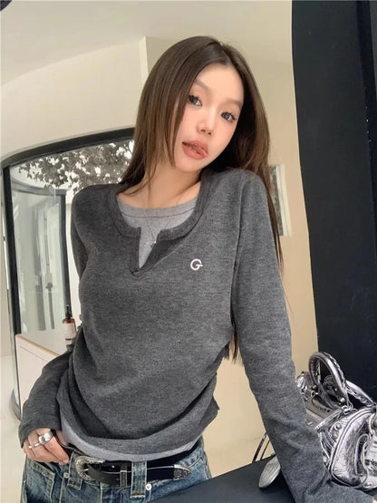 Stylish Korean O-Neck Long Sleeve T-Shirt