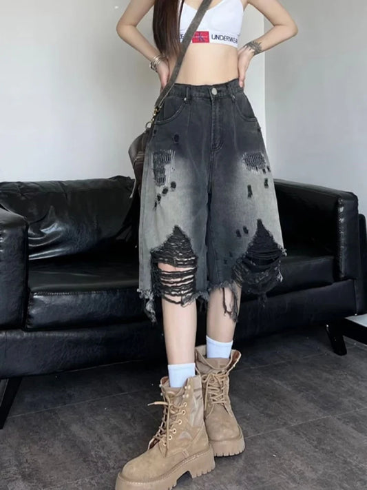 Vintage Ripped Gradient Denim Shorts