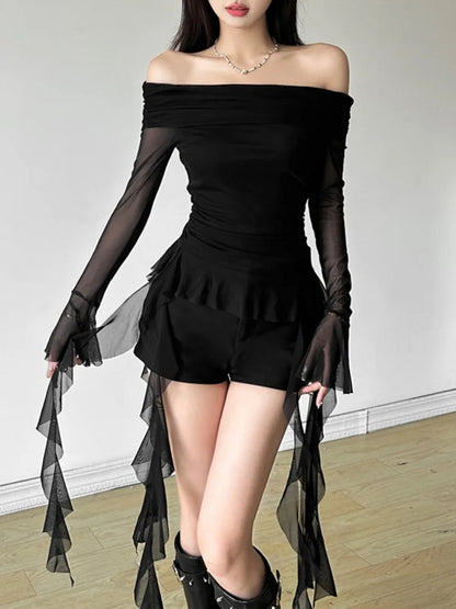 Irregular Ruffled Sexy Off-Shoulder Gauze T-Shirt
