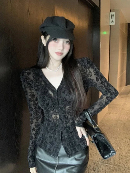 V-Neck Lace Trim Autumn Shirt
