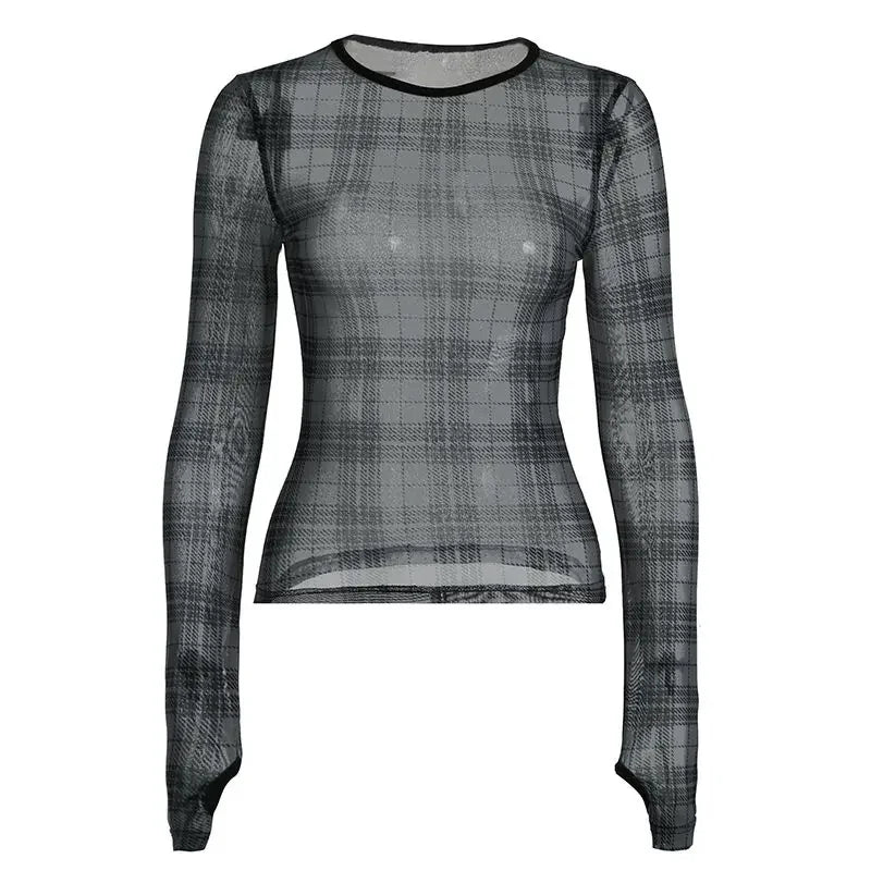 Y2K Plaid Mesh Print Crop T-Shirt