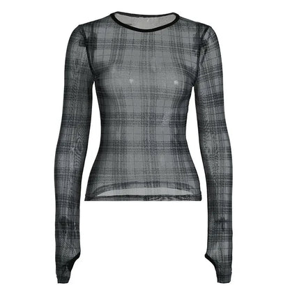 Y2K Plaid Mesh Print Crop T-Shirt