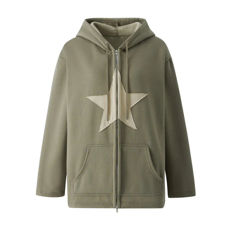 Retro Star Patch Zip-Up Hoodie