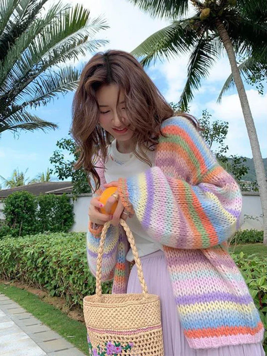 Model wearing the purple Cozy Striped Knit Sweater