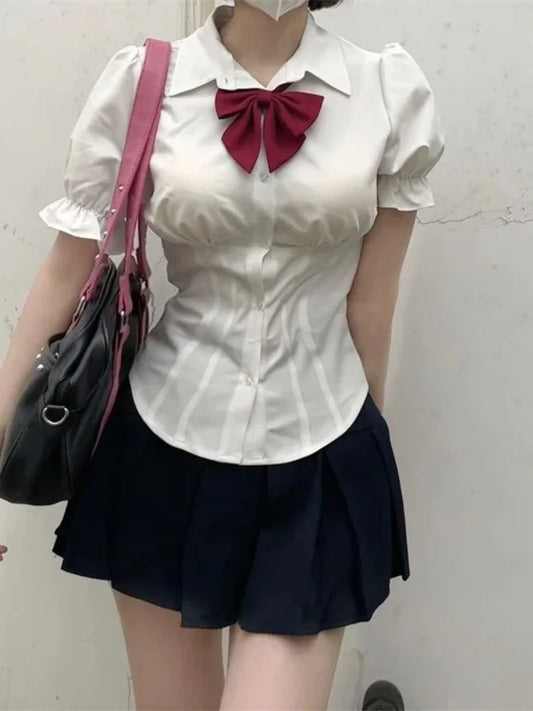 Elegant Slim White Blouses Japanese Shirt