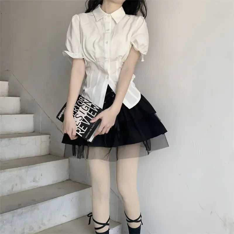 Elegant Slim White Blouses Japanese Shirt