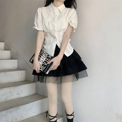 Elegant Slim White Blouses Japanese Shirt