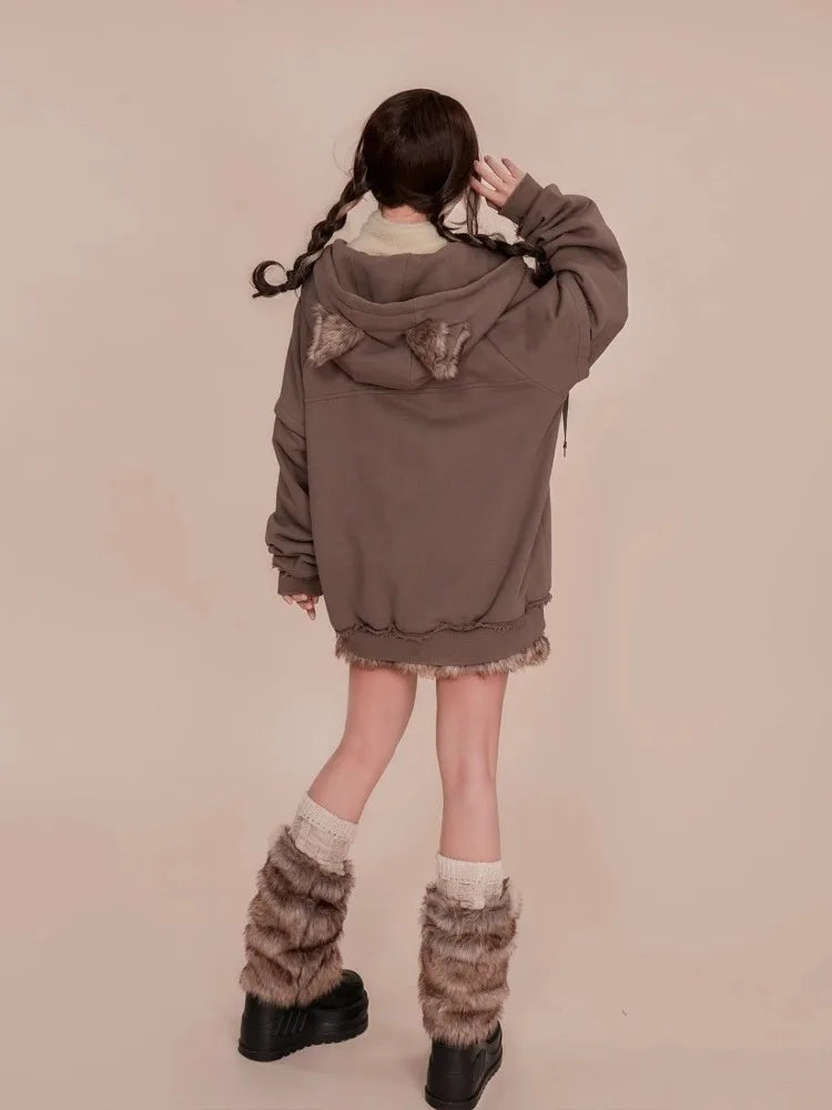 Cute Casual Loose Ears Zipper Hoodie