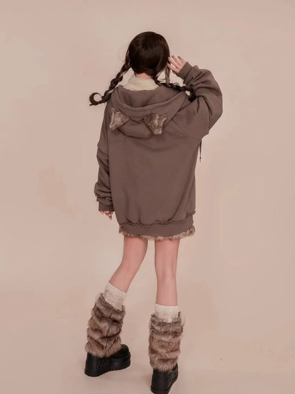 Cute Casual Loose Ears Zipper Hoodie