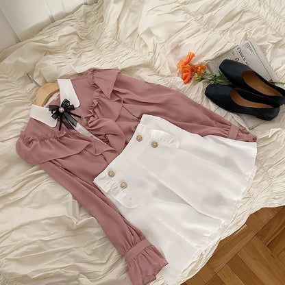 Sweet Bow Ruffle Patchwork Shirt