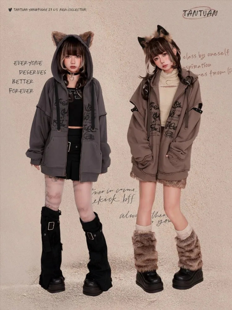 Cute Casual Loose Ears Zipper Hoodie