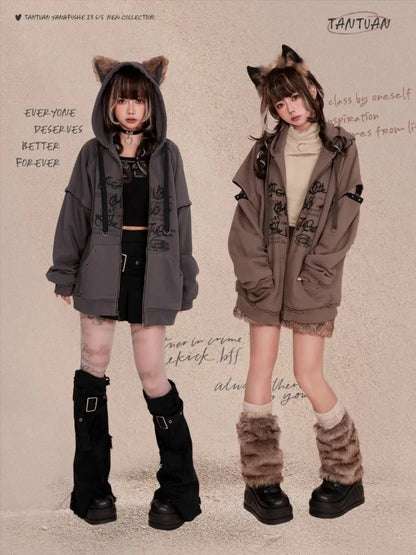Cute Casual Loose Ears Zipper Hoodie