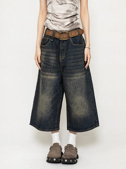 Retro Black Washed Denim Shorts