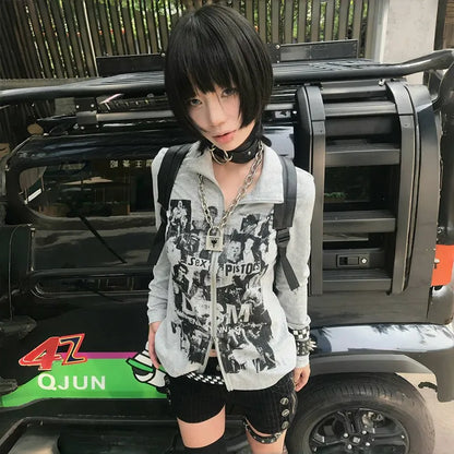 Grunge Graffiti Print Zipper T-Shirt