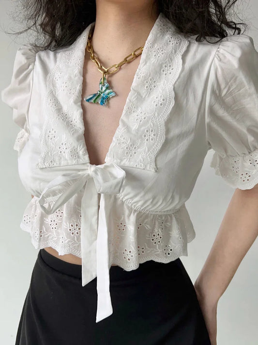 Sweet Flower Embroidery Bow Bandage Shirt