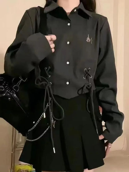 Black Casual Bandage Blouse Shirt