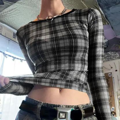 Y2K Plaid Mesh Print Crop T-Shirt