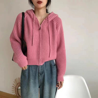 Pink Drawstring Hooded Knitting Sweater