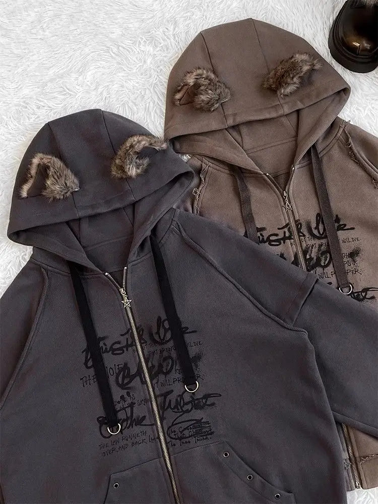 Cute Casual Loose Ears Zipper Hoodie