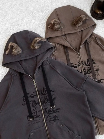 Cute Casual Loose Ears Zipper Hoodie