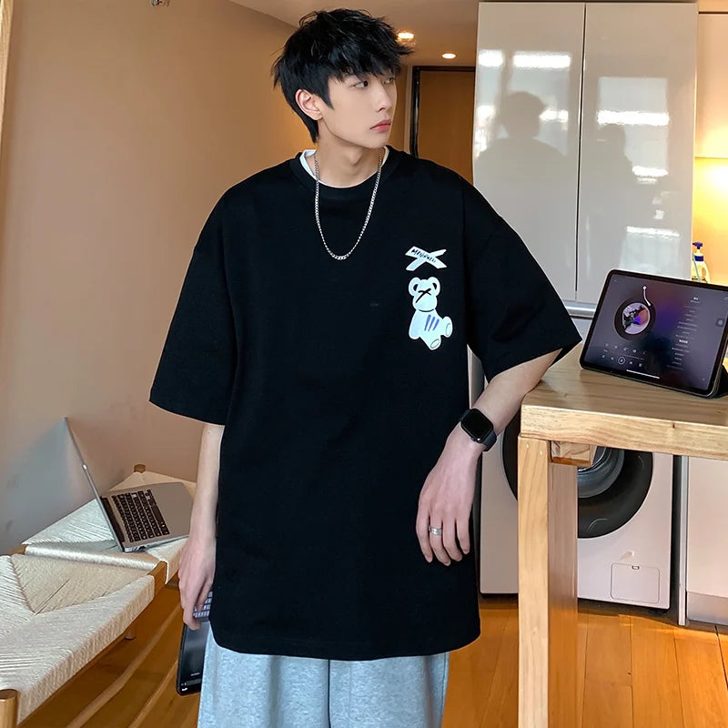 Camiseta de manga corta HMZ de moda coreana para hombre, con estampado de oso de dibujos animados, holgada, de gran tamaño, estilo hip hop, para parejas.