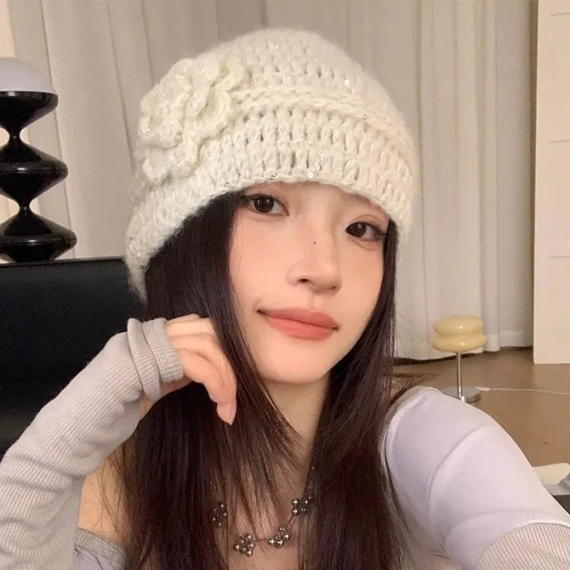 Sparkle Flowers Knit Beanie