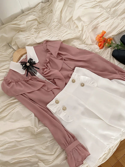 Sweet Bow Ruffle Patchwork Shirt