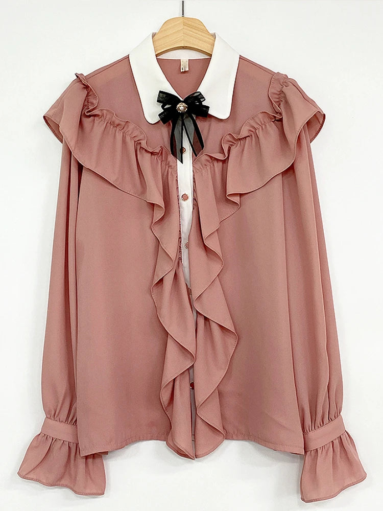 Sweet Bow Ruffle Patchwork Shirt