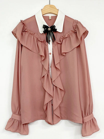 Sweet Bow Ruffle Patchwork Shirt