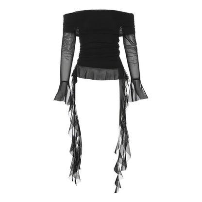 Irregular Ruffled Sexy Off-Shoulder Gauze T-Shirt