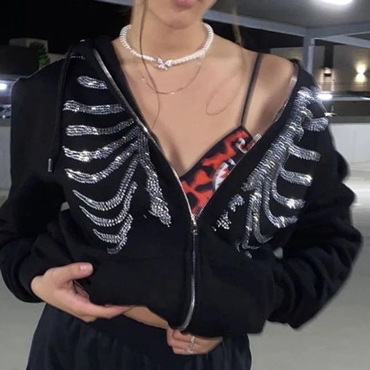 Rhinestone Gothic Skeleton Zip-Up Hoodie