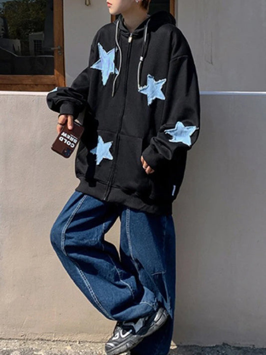 Oversized Star Patch Zip-Up Hoodie