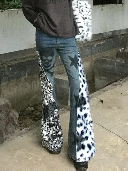 Vintage Leopard Star Print Flare Jeans