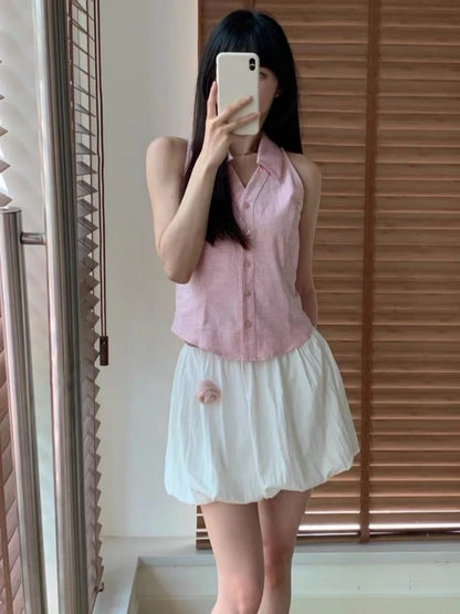 Pink Grunge Crop Blouse Casual Shirt